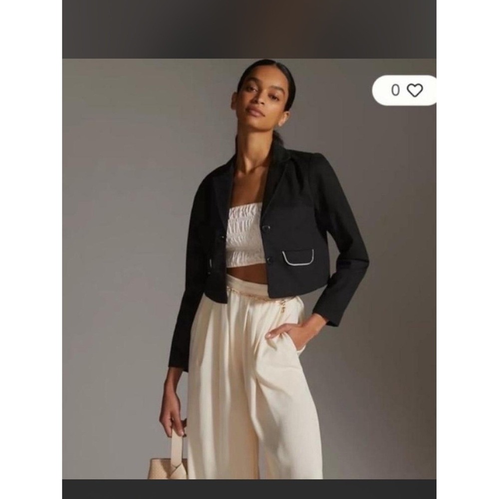 Maeve‎ Anthropologie Black Cropped Blazer Jacket Contrast Piping Pockets Size 8